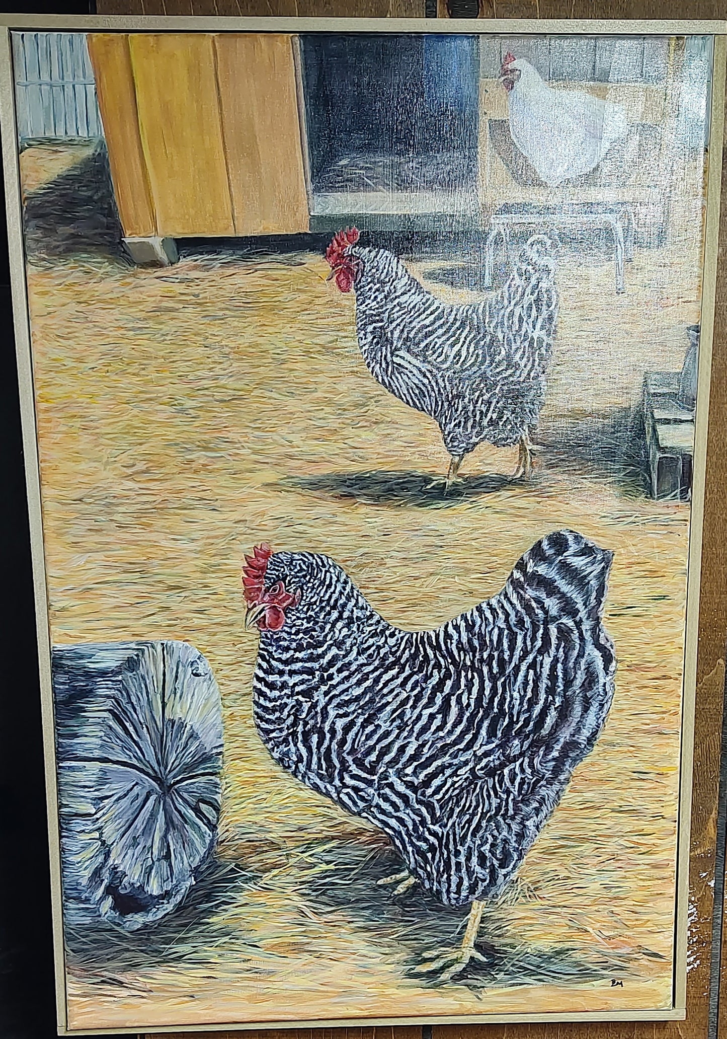 Chickens in a Row - Framed original acrylic painting