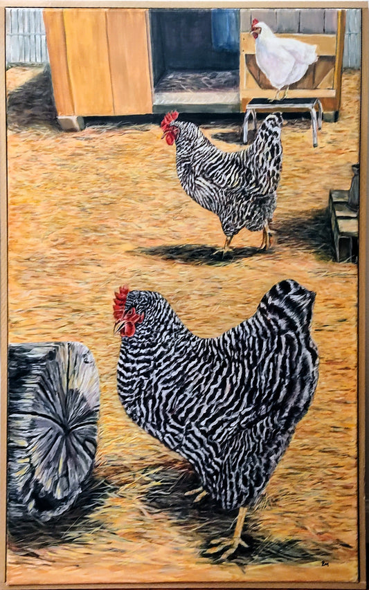 Chickens in a Row - Framed original acrylic painting